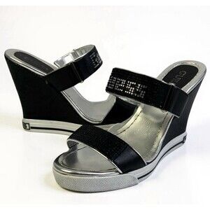 Guess Wedge 4.5” Heel Black & White Rhinestone Logo Strap Size 6 Shoes